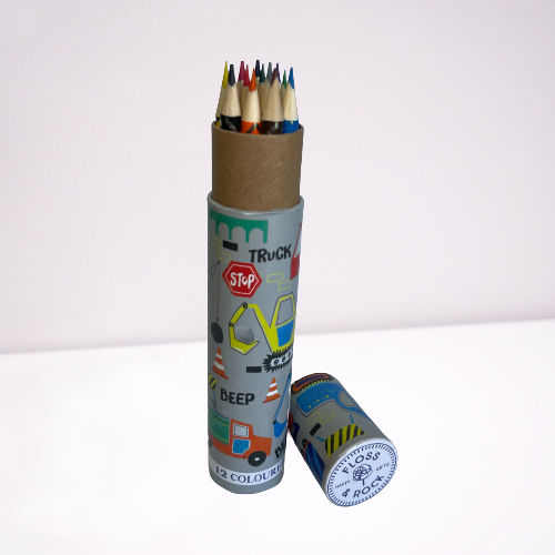 Kids colouring pencils in a cardboard tube with construction theme packaging.