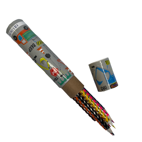 Kids colouring pencils in a cardboard tube with construction theme packaging.