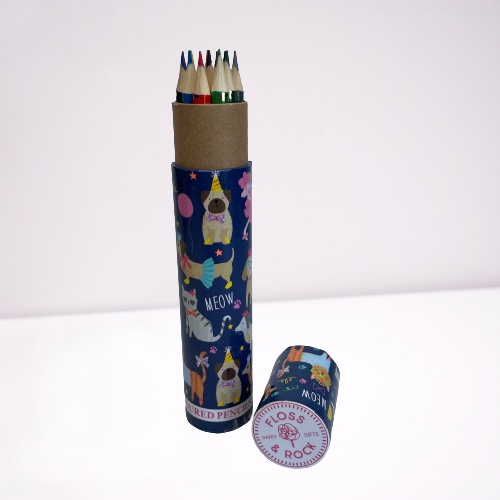 Kids colouring pencils in a cardboard tube with cat and dog theme packaging.