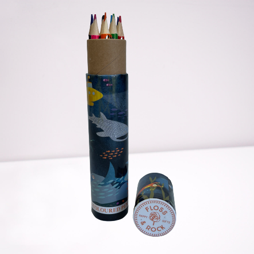Kids colouring pencils in a cardboard tube with deep sea theme packaging.