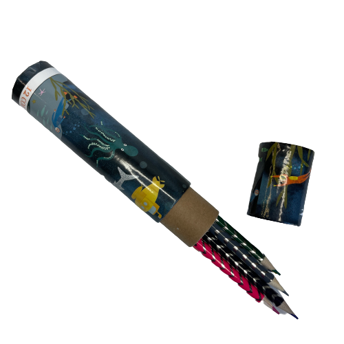 Kids colouring pencils in a cardboard tube with deep sea theme packaging.