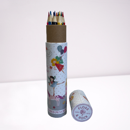 Kids colouring pencils in a cardboard tube with fairy unicorn theme packaging.