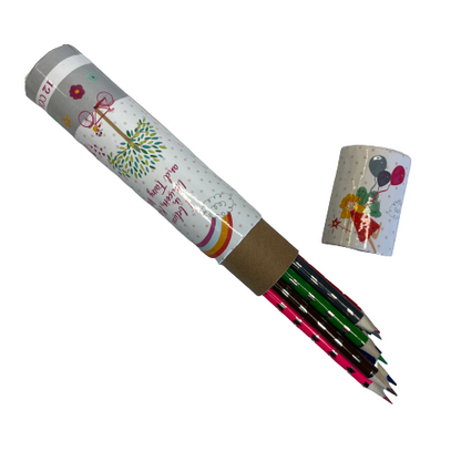 Kids colouring pencils in a cardboard tube with fairy unicorn theme packaging.