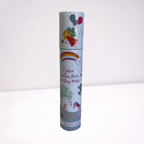 Kids colouring pencils in a cardboard tube with fairy unicorn theme packaging.