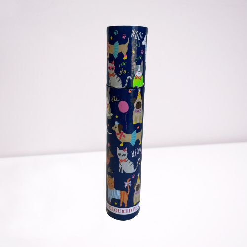 Kids colouring pencils in a cardboard tube with cat and dog theme packaging.