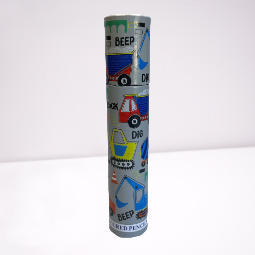 Kids colouring pencils in a cardboard tube with construction theme packaging.