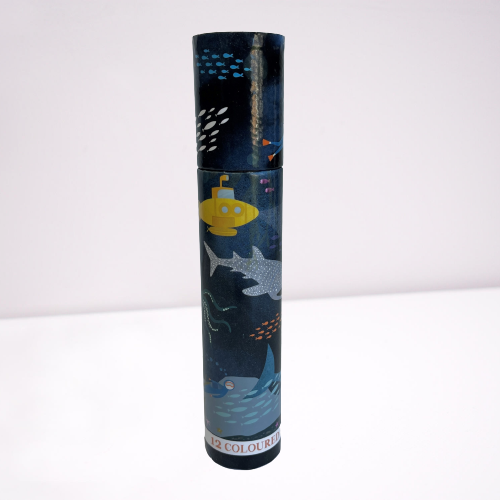 Kids colouring pencils in a cardboard tube with deep sea theme packaging.