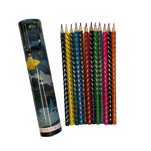 Kids colouring pencils in a cardboard tube with deep sea theme packaging.