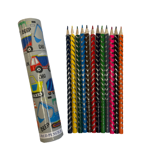 Kids colouring pencils in a cardboard tube with construction theme packaging.