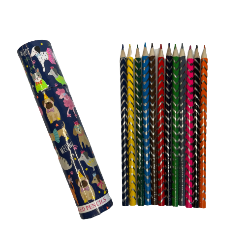 Kids colouring pencils in a cardboard tube with cat and dog theme packaging.