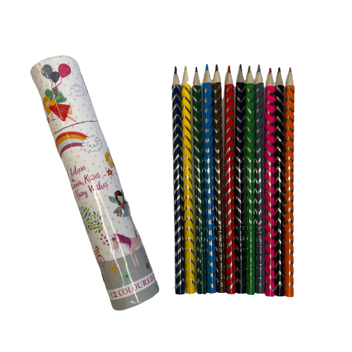 Kids colouring pencils in a cardboard tube with fairy unicorn theme packaging.