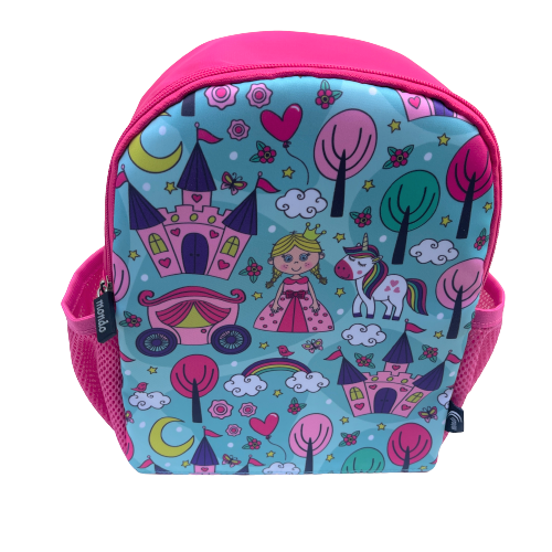 Bright pink childs backpack with blue front and princess pictures.