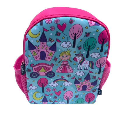 Bright pink childs backpack with blue front and princess pictures.