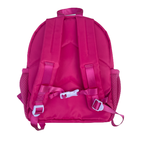 Back of a bright pink childs backpack.