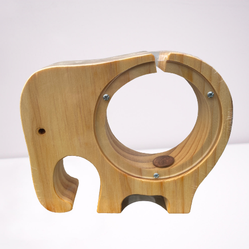 Natural wood elephant shaped money box.