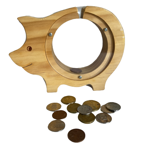 Natural wood pig shaped money box.