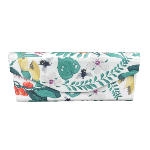 Floral sunglasses case that folds flat when not in use.