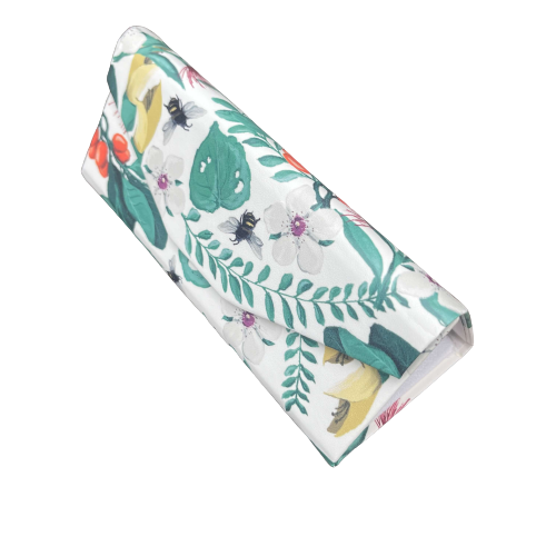 Floral sunglasses case that folds flat when not in use.