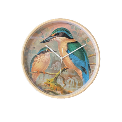 Wooden framed clock with pair of Kingfisher birds pictured on the face.