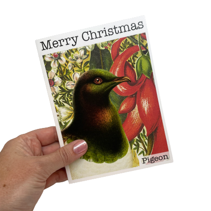 Christmas card with a Wood Pigeon and flowers.