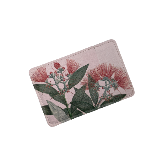 Pocket Mirror - Pohutukawa Flower print on a pale pink background.