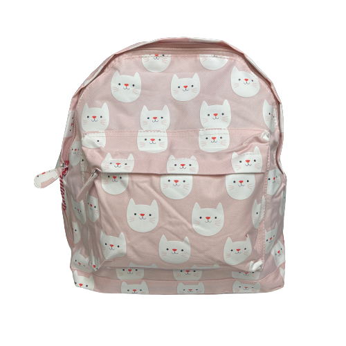 Pink backpack with white cat faces printed on it.