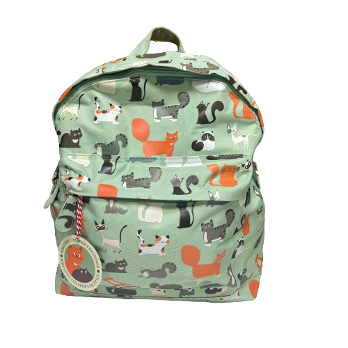 Mint green backpack with assorted coloured cats printed on it.