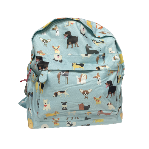 Pale blue backpack with various dogs printed on it.