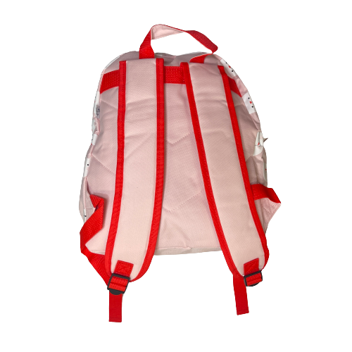 Back of pink backpack showing straps that have red trim.