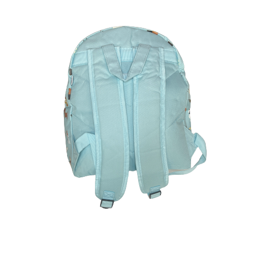 Back of pale blue backpack showing straps.
