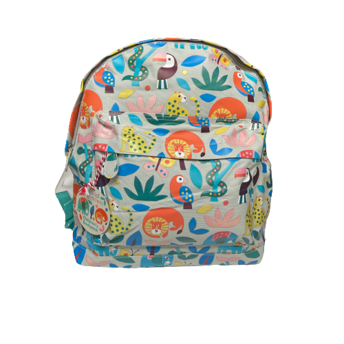 Backpack with bright jungle animals printed on it.