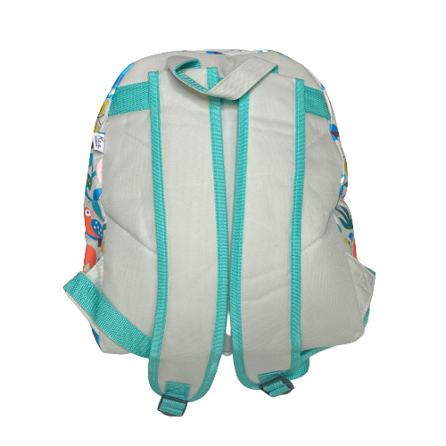 Back of light grey backpack showing straps with aqua blue trim.