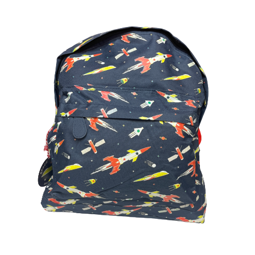 Navy blue backpack with rockets and space ships printed on it.