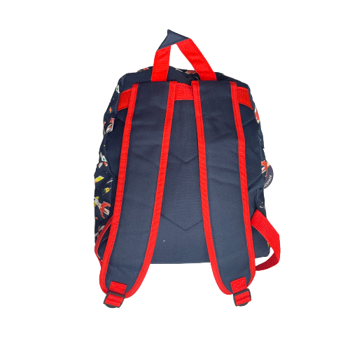 Back of navy blue backpack showing straps with red trim.