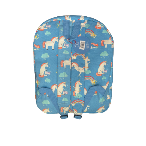 Sky blue backpack with unicorns and rainbows printed on it.