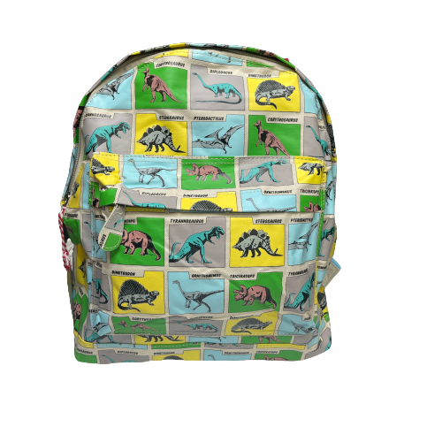 Backpack with dinosaurs printed on it in grey, blue, green & yellow squares.