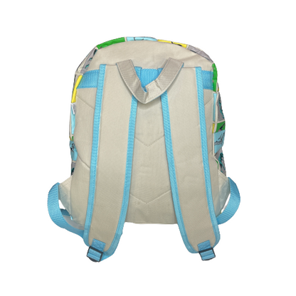Back of grey backpack showing straps with light blue trim.