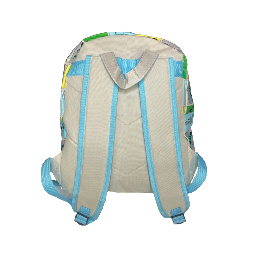 Back of grey backpack showing straps with light blue trim.