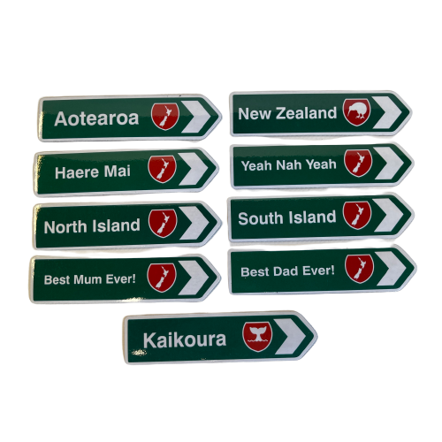 Assorted road sign magnets.