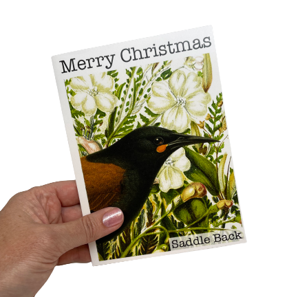 Christmas card with a Saddleback bird and flowers.