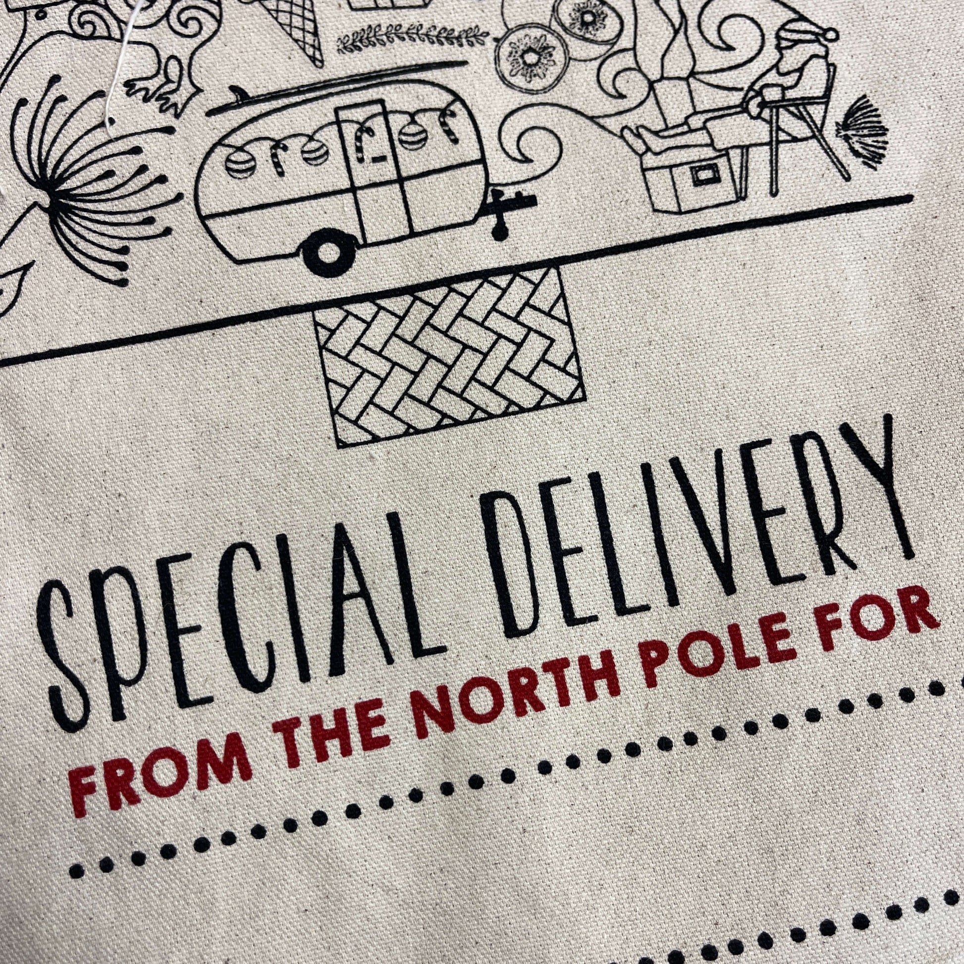 Christmas sack with print saying "Special Delivery from the North Pole for"