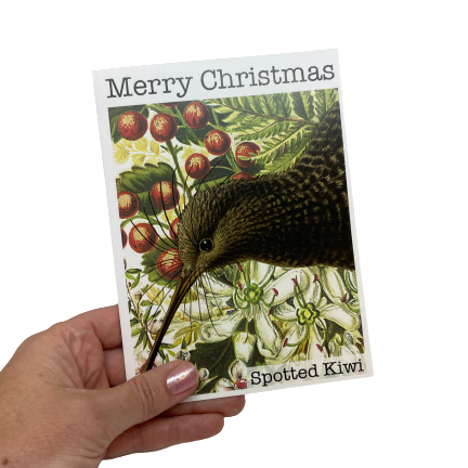Christmas card with a Spotted Kiwi and flowers.