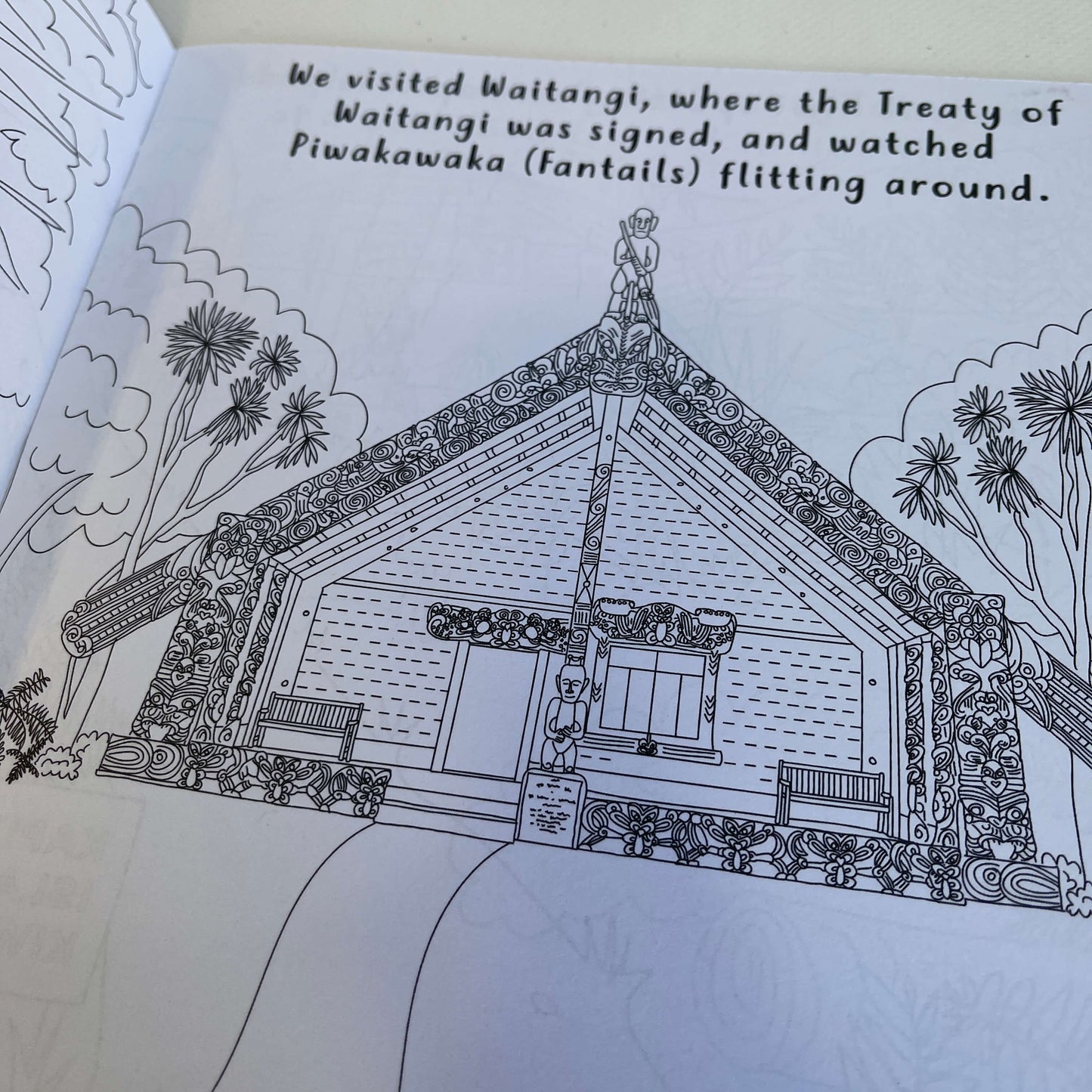 Page of a childrens colouring book showing a marae from Waitangi.