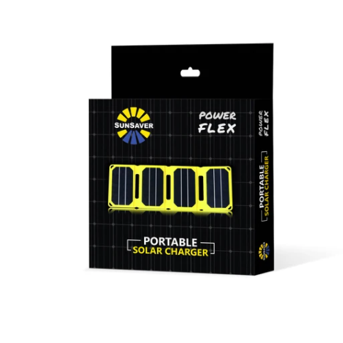 SunSaver Power Flex, 6.4-Watt Solar Charger in its packaging. for sale at the school fundraising shop.