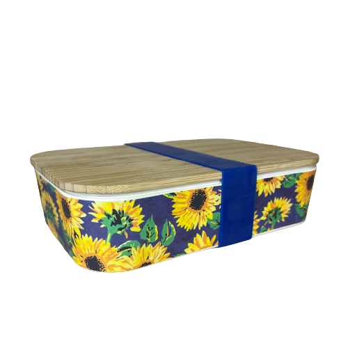Bamboo lunchbox with sunflower print and blue silicone band.