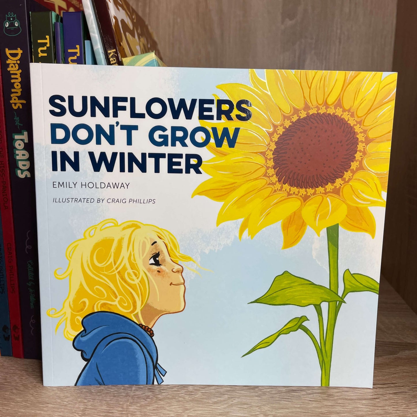 Childrens book Sunflowers Don't Grow in Winter by Emily Holdaway.