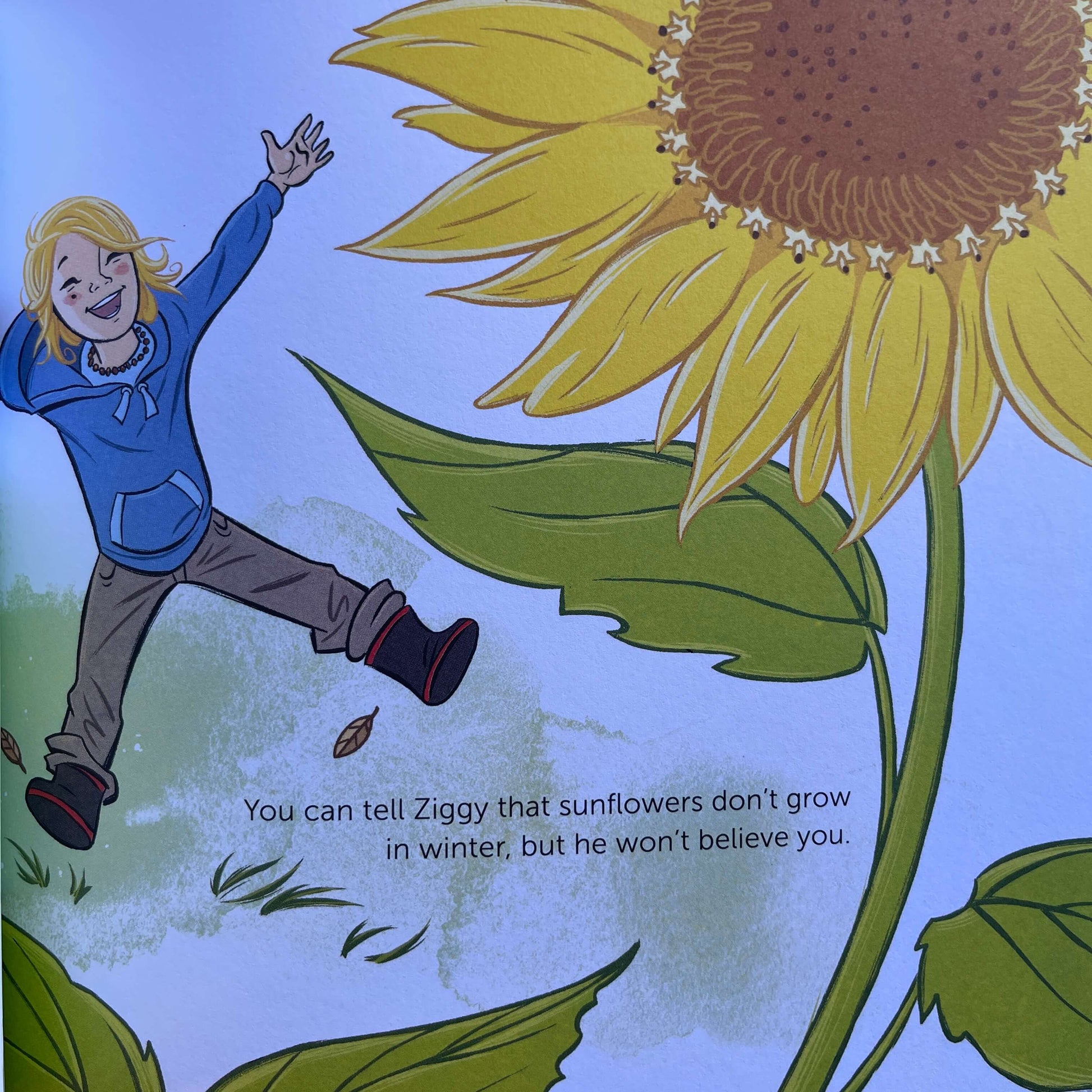 Page from Childrens book Sunflowers Don't Grow in Winter by Emily Holdaway.