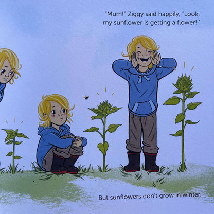 Page from Childrens book Sunflowers Don't Grow in Winter by Emily Holdaway.