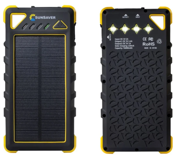 SunSaver Classic, 16,000mAh Solar Power Bank showing front and back. From the school fundraising shop