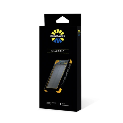 SunSaver Classic, 16,000mAh Solar Power Bank in its packaging for sale by the school fundraising shop.